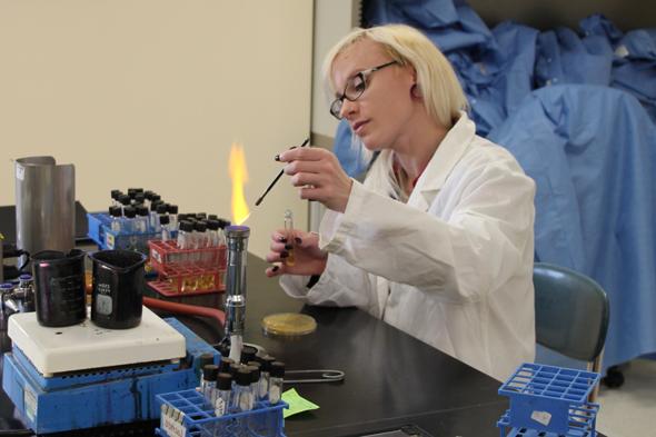 实验室里的学生拿着移液器，在本生灯里燃烧样品